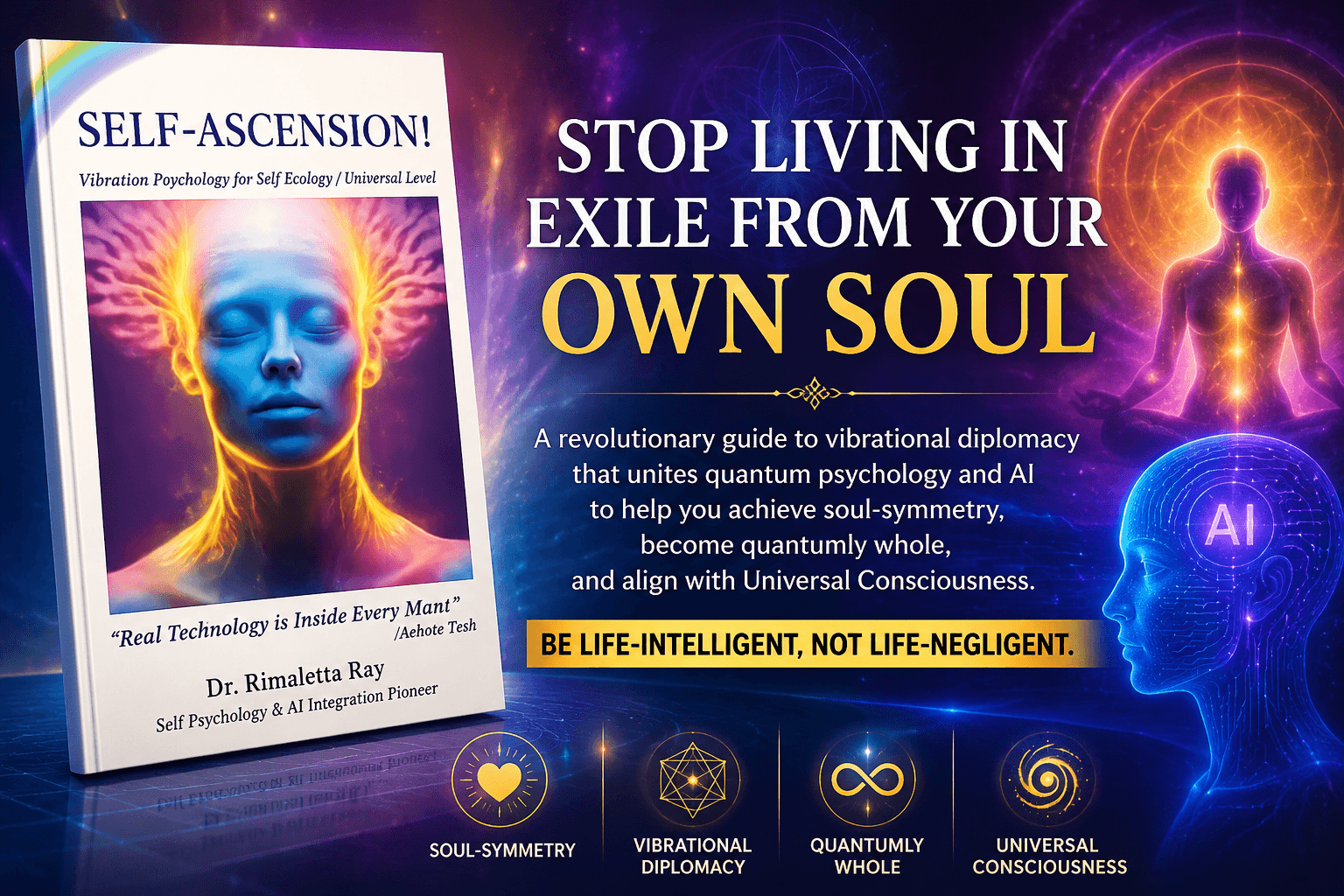 A book titled "Self-Ascension!" by Dr. Rimaletta Ray appears on the left. On the right, bold text reads: "Stop living in exile from your own soul." Icons and descriptions highlight vibrational psychology, quantum wholeness, and universal consciousness.