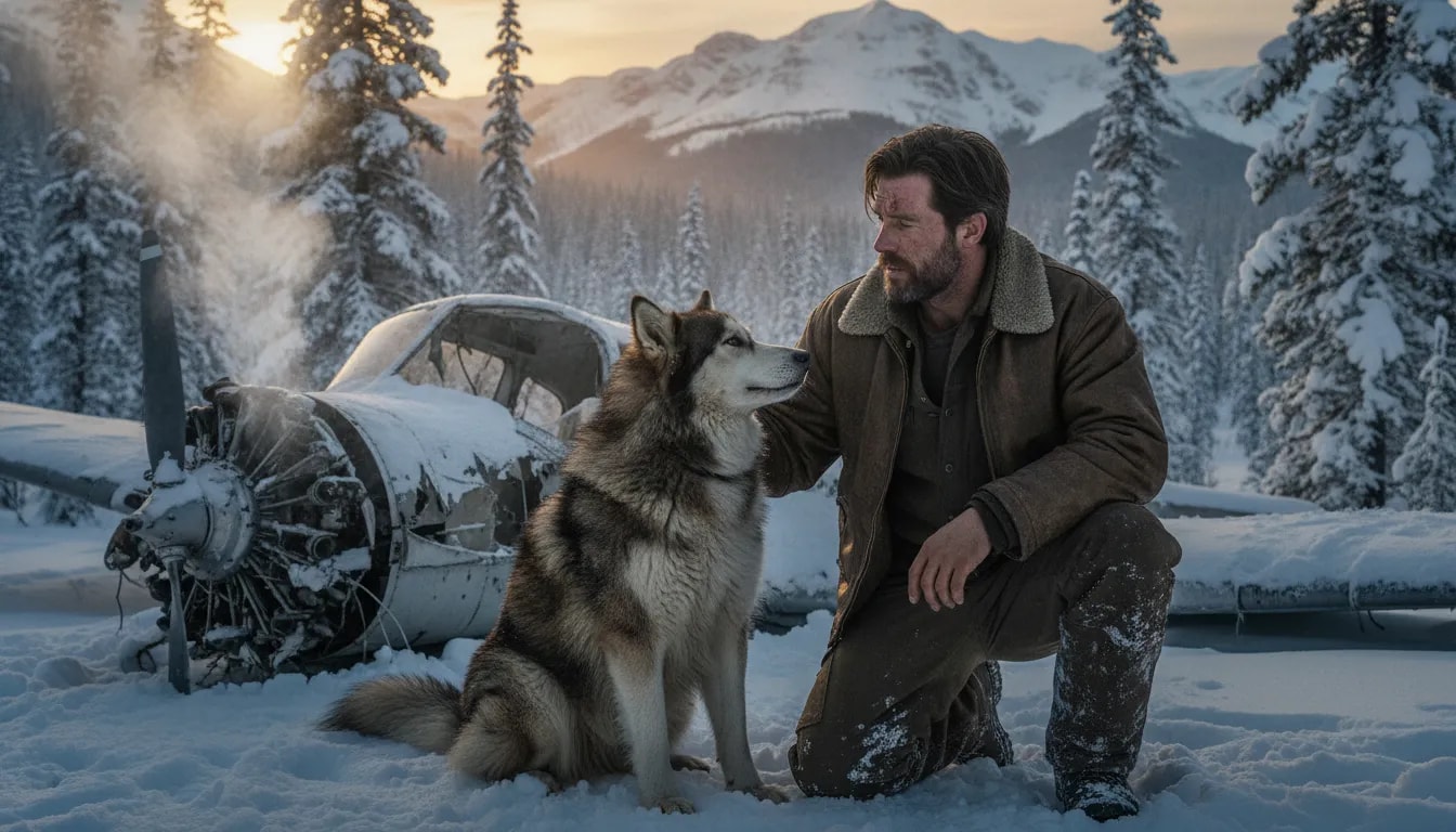 Rugged man and loyal dog in snowy Alaskan wilderness near a plane wreck, symbolizing survival and a deep bond.