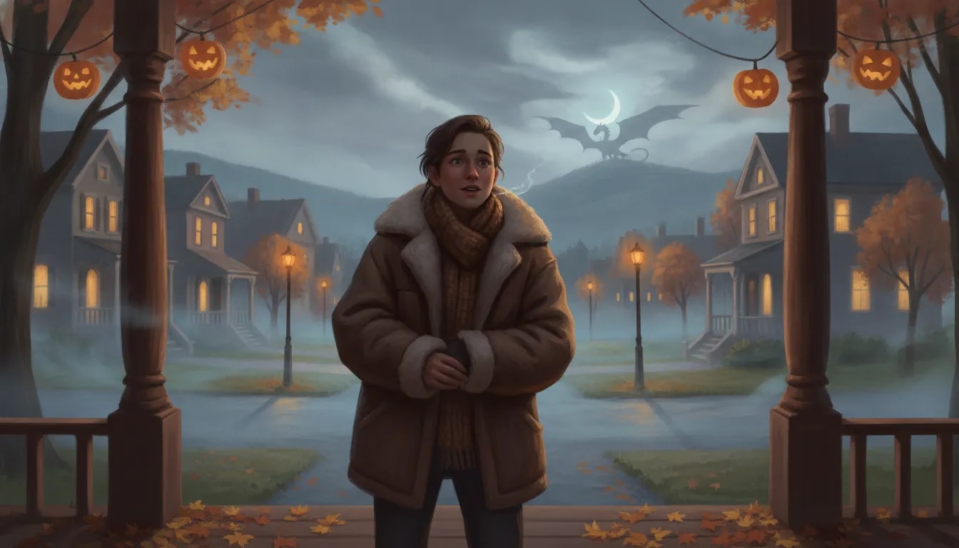 A bundled-up figure shivering with anticipation on a cozy fall evening with autumn leaves, misty atmosphere, and subtle fantasy silhouettes in the distance.