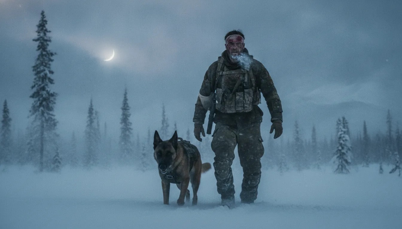 Brad Pitt-like survival soldier trudging through snowy Alaskan wilderness alongside a combat dog in a dramatic cinematic film scene at dusk